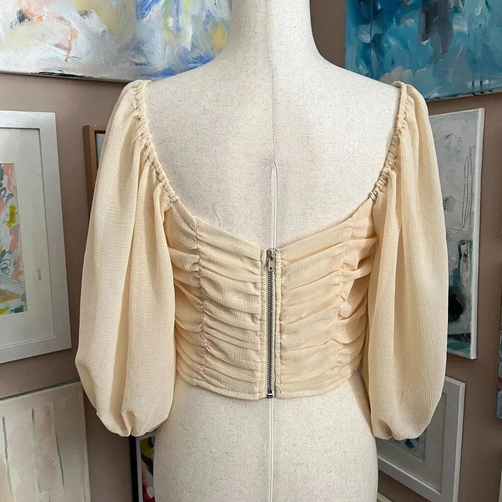 Fairy Cream Ruched Puff Sleeve Crop Top HYFVE Romantic Cottagecore Coquette Sz L - Picture 4 of 9